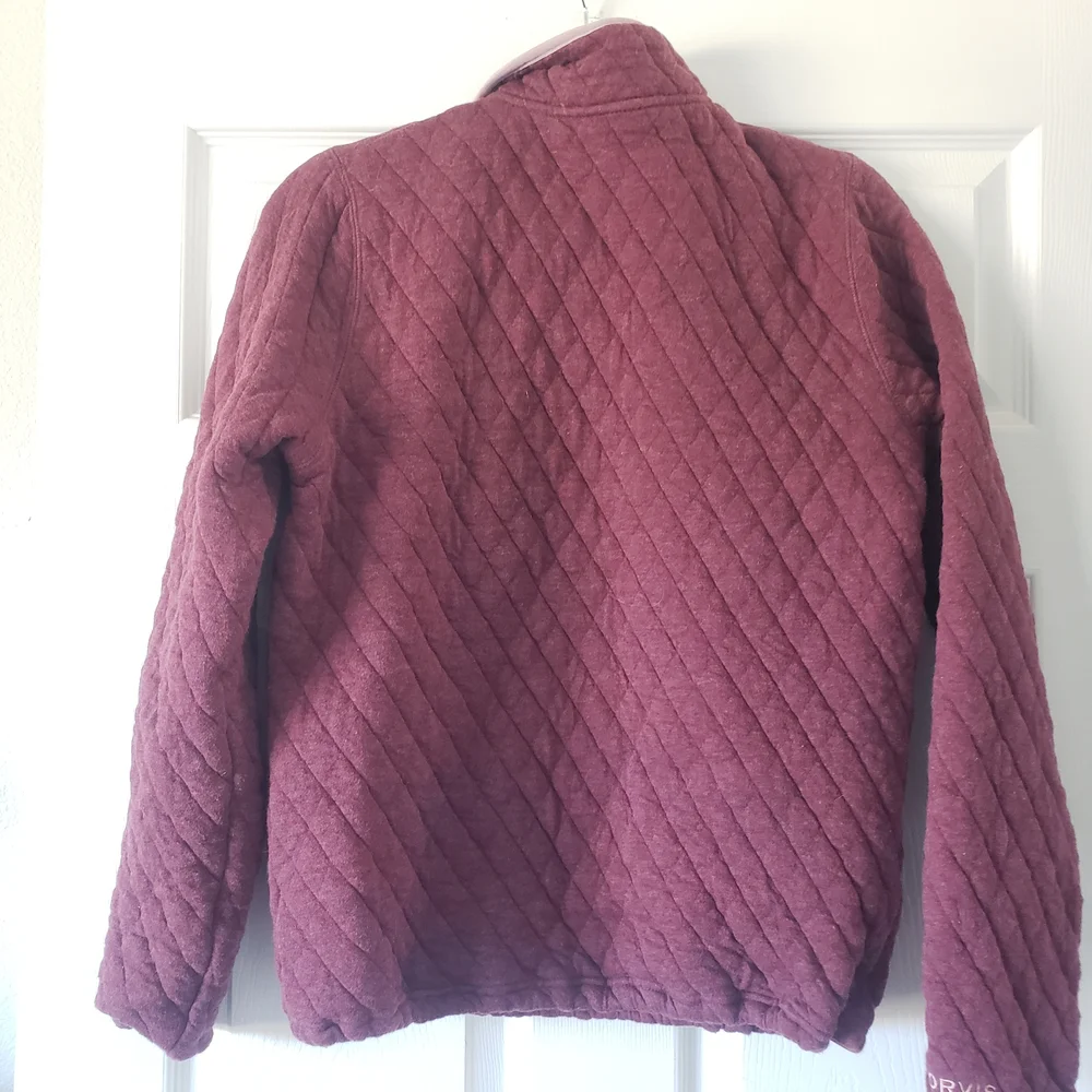 Orvis Maroon Quilted Pullover Sweater Jacket Pink Trim 100% Cotton Pockets #75 - Picture 3 of 8